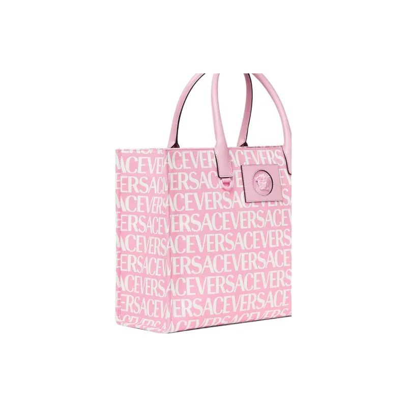 VERSACE Cotton With Cow Leather Tote Bag, Shopping Bag, Handbag Large Size Women's Pink/White-4