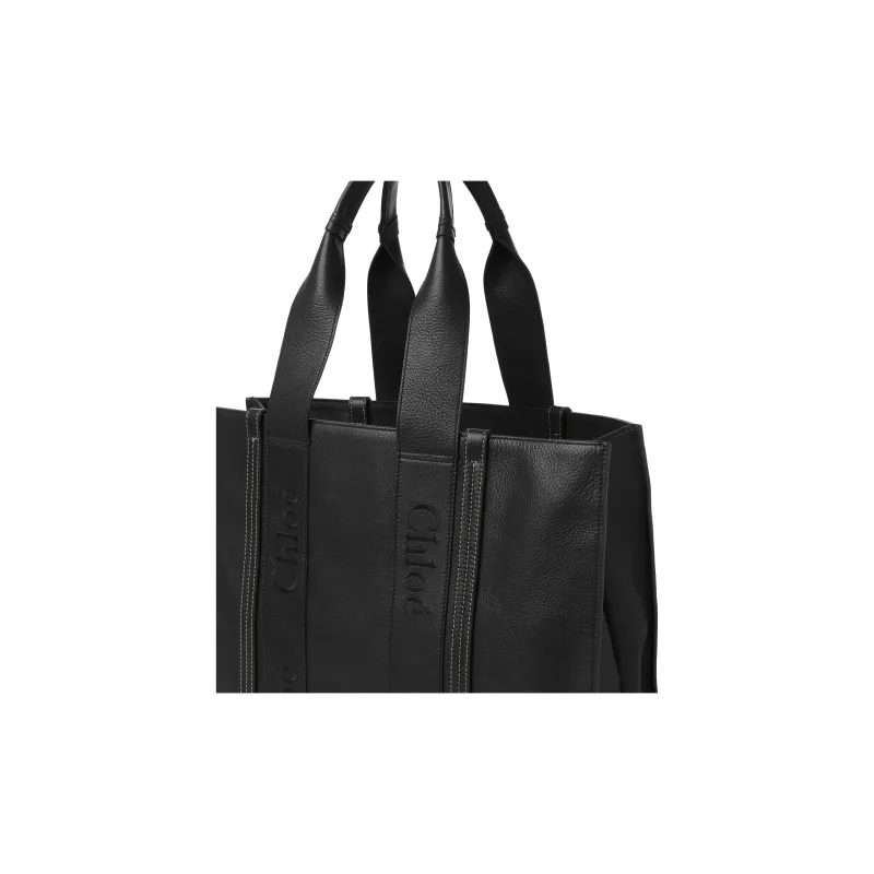 Chloe Woody Calfskin Tote Bag, Shopping Bag, Handbag Tubas Women's Black-2