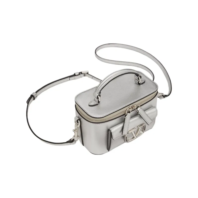 Valentino Locò Calfskin Handbag, Shoulder Bag, Crossbody Bag Mini Women's Silver-4