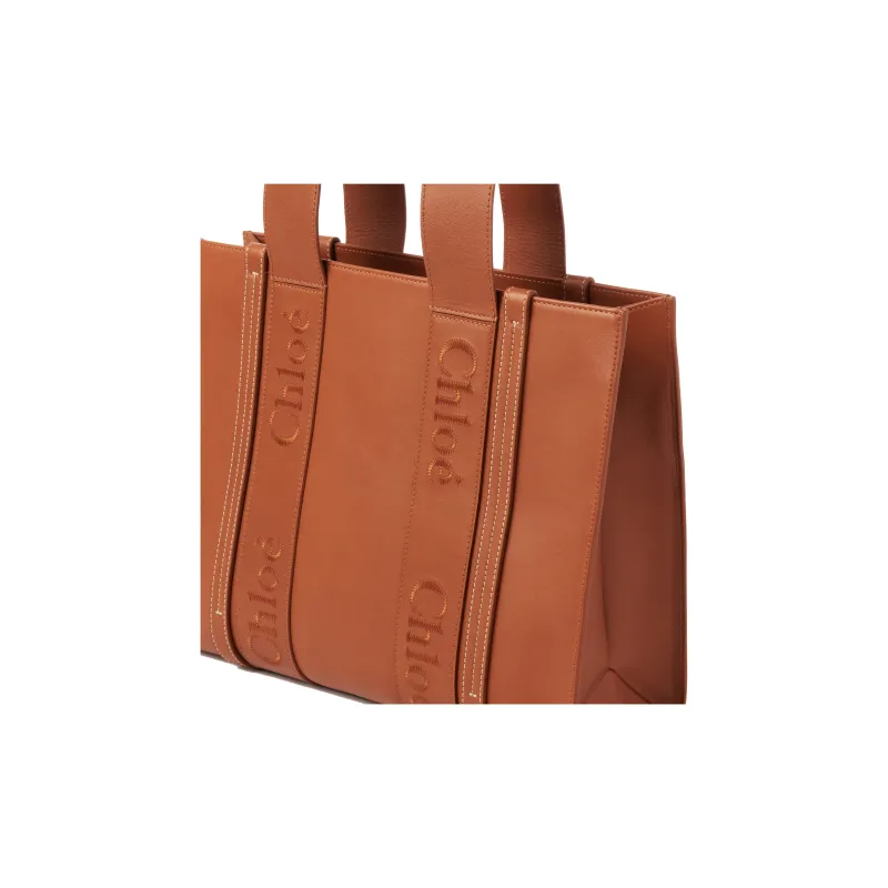 Chloe Woody Smooth Cow Leather Tote Bag Shopping Bag Shoulder Bag Handbag Medium Size Women's Brown-3