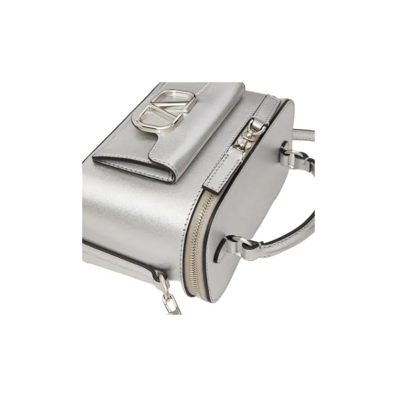 Valentino Locò Calfskin Handbag, Shoulder Bag, Crossbody Bag Mini Women's Silver-5