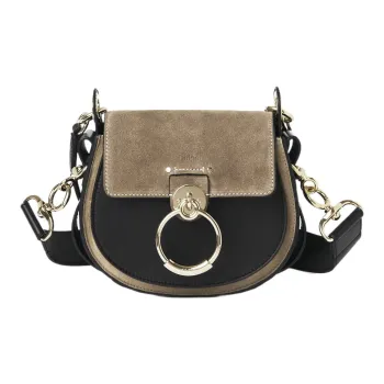 Chloe Tess Calfskin Patchwork With Linen Shoulder Bag Crossbody Bag Small Size Women's Black