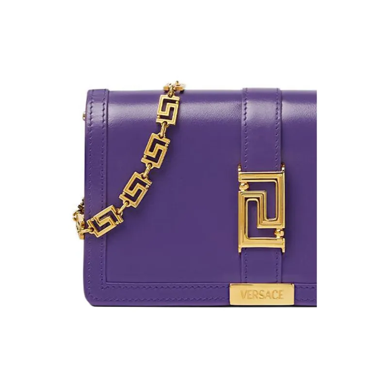 VERSACE Greca Goddess Cow Leather Patchwork With Lambskin One Shoulder Crossbody Clutches Mini Women's Purple-3