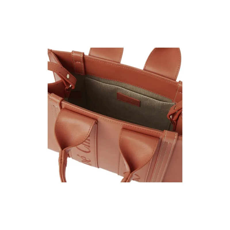 Chloe Woody Smooth Calf Leather Tote Bag, Shopping Bag, Shoulder Bag, Crossbody Bag, Handbag Small Size Women's Tawny-3
