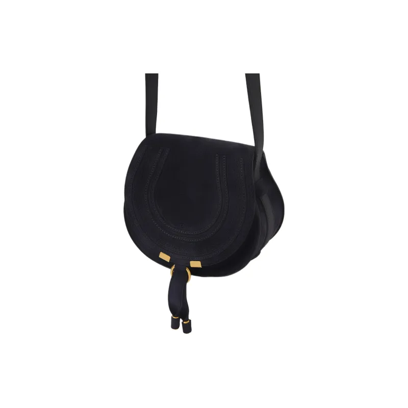 Chloe Marcie Suede Calfskin Saddle Bag, Shoulder Bag, Crossbody Bag Trumpets Women's Midnight Blue-3