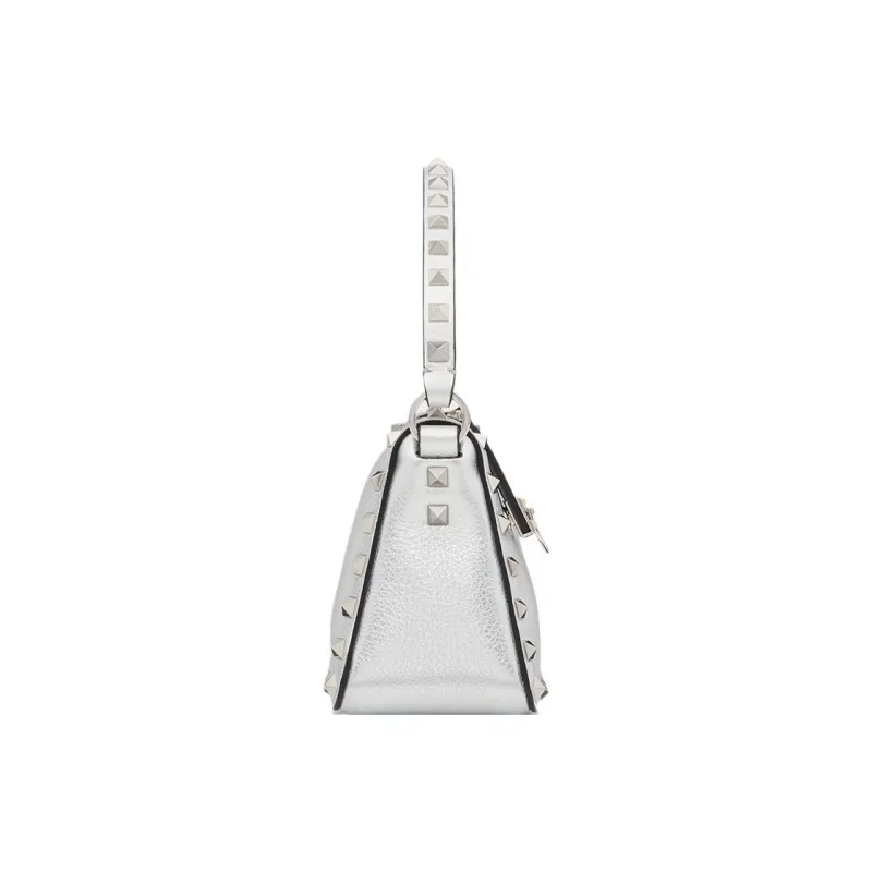 Valentino Rockstud Grained Calfskin Baguette Bag Shoulder Bag Handbag Small Size Women's Silver-3