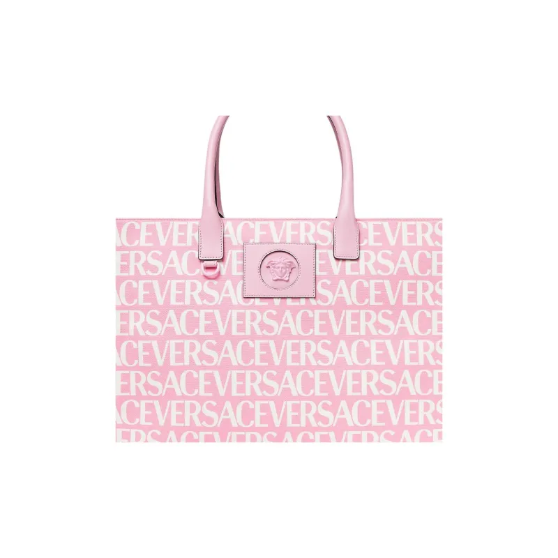 VERSACE Cotton With Cow Leather Tote Bag, Shopping Bag, Handbag Large Size Women's Pink/White-3