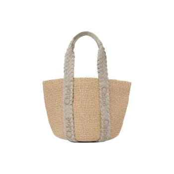 Chloe Woody Calfskin Basket Bag, Handbag, Shoulder Bag Large Size Women's Gray & Natural