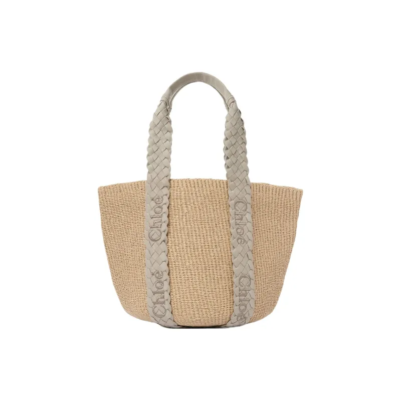 Chloe Woody Calfskin Basket Bag, Handbag, Shoulder Bag Large Size Women's Gray & Natural-0