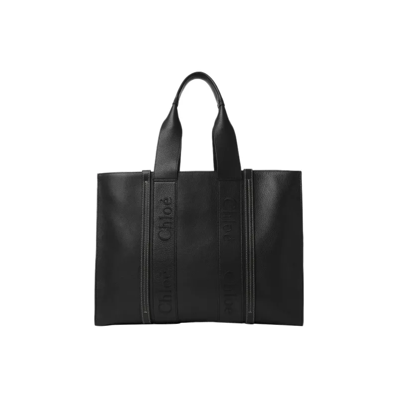 Chloe Woody Calfskin Tote Bag, Shopping Bag, Handbag Tubas Women's Black-1