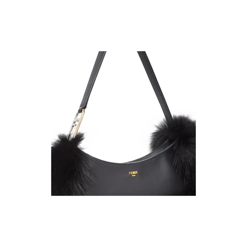 FENDI O'Lock Swing Cow Leather Patchwork With Fox Fur Handheld Shoulder Bag Women's Black-4