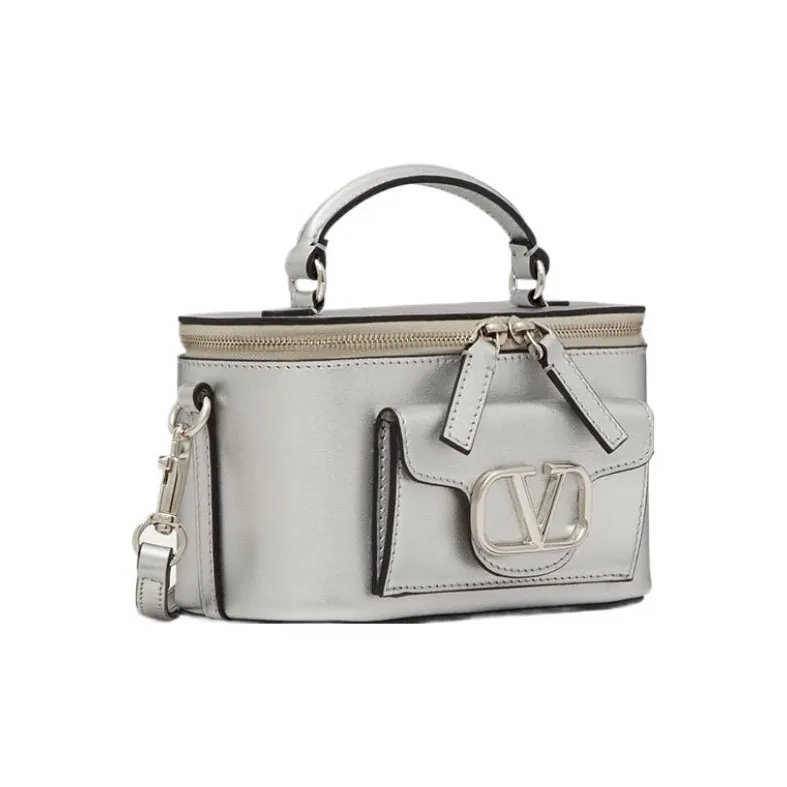 Valentino Locò Calfskin Handbag, Shoulder Bag, Crossbody Bag Mini Women's Silver-1