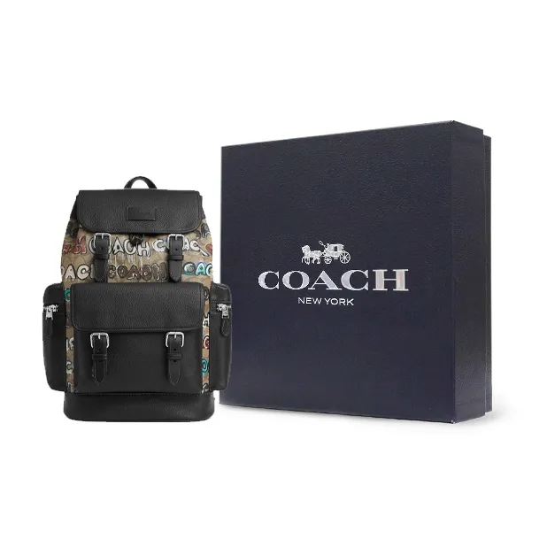 COACH Mint+Serf Backpack 29 Collaboration Pebbled Canvas With Leather Backpack Large Size Men's Black & Khaki-4