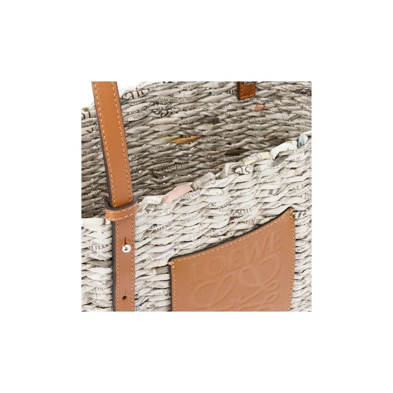 LOEWE Basket Woven Paper Cow Leather Patchwork Tote Bag Shopping Bag Shoulder Bag Handbag Small Size Women's Brown-4