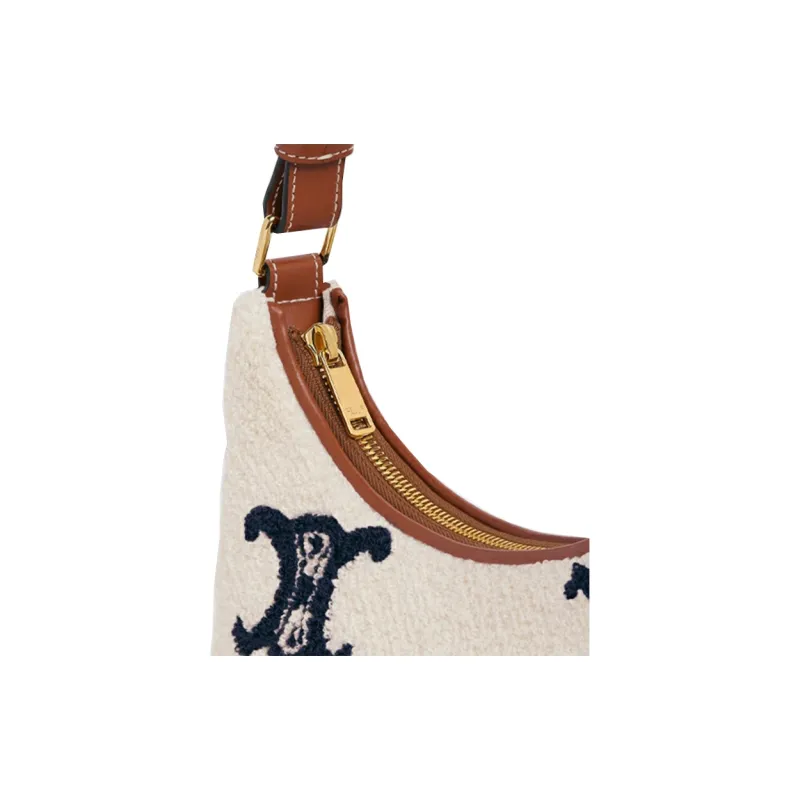 CELINE TriompheAVA Plush Fabric Shoulder Bag Handbags Women's Navy/Tan-4