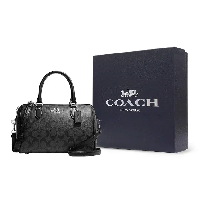 COACH Rowan Coated Canvas With Leather Briefcase Handbag Shoulder Bag Crossbody Bag Medium Size Women's Black-8