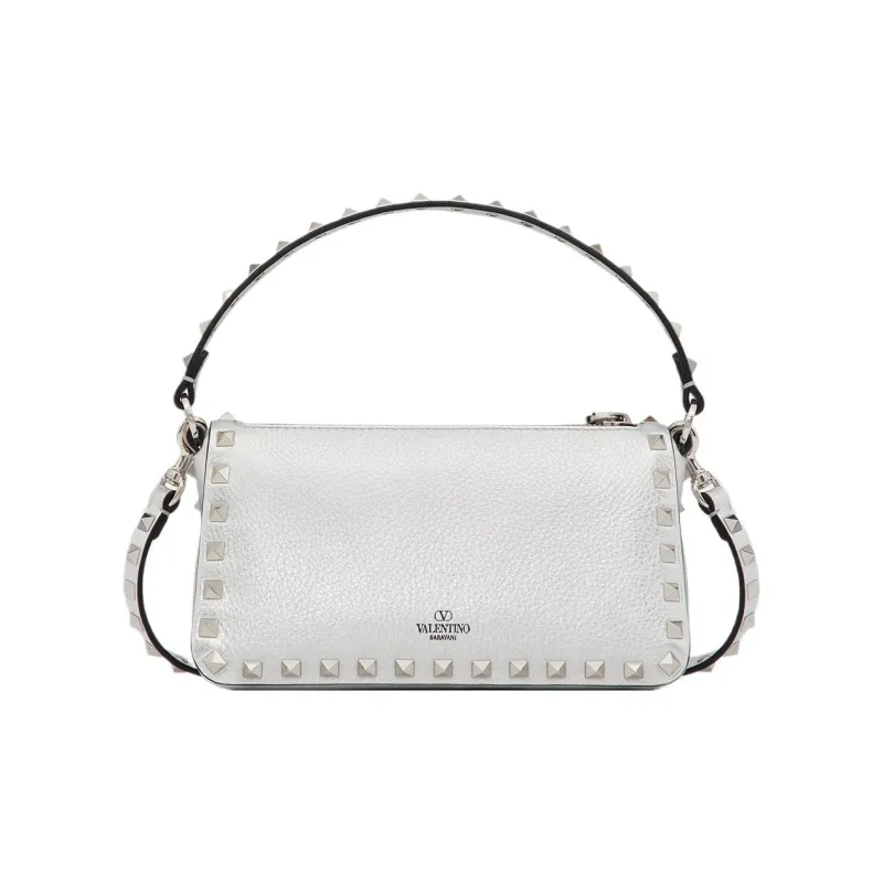 Valentino Rockstud Grained Calfskin Baguette Bag Shoulder Bag Handbag Small Size Women's Silver-2