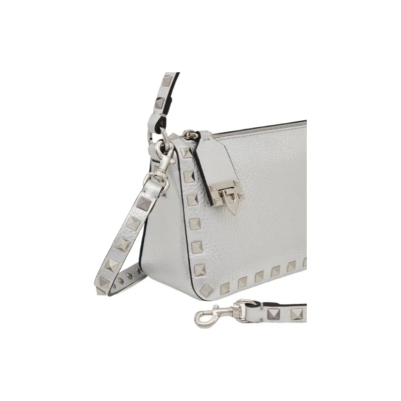 Valentino Rockstud Grained Calfskin Baguette Bag Shoulder Bag Handbag Small Size Women's Silver-6
