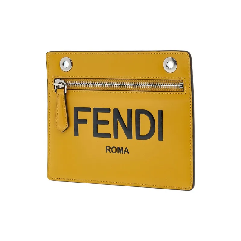 FENDI Calfskin Card Clip Card Holder Men's Yellow/Brown-1