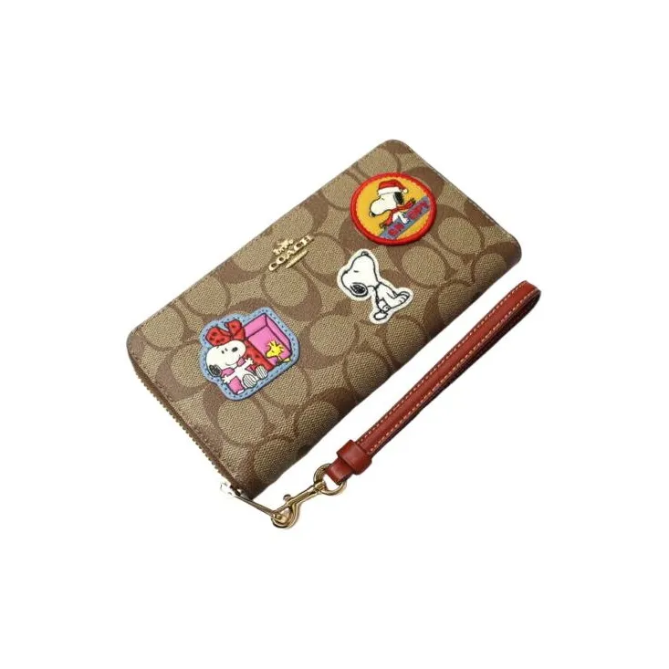 COACH Peanuts Snoopy Collaboration Zip Around Canvas With Leather Card Holder, Wallet Women's Khaki-2
