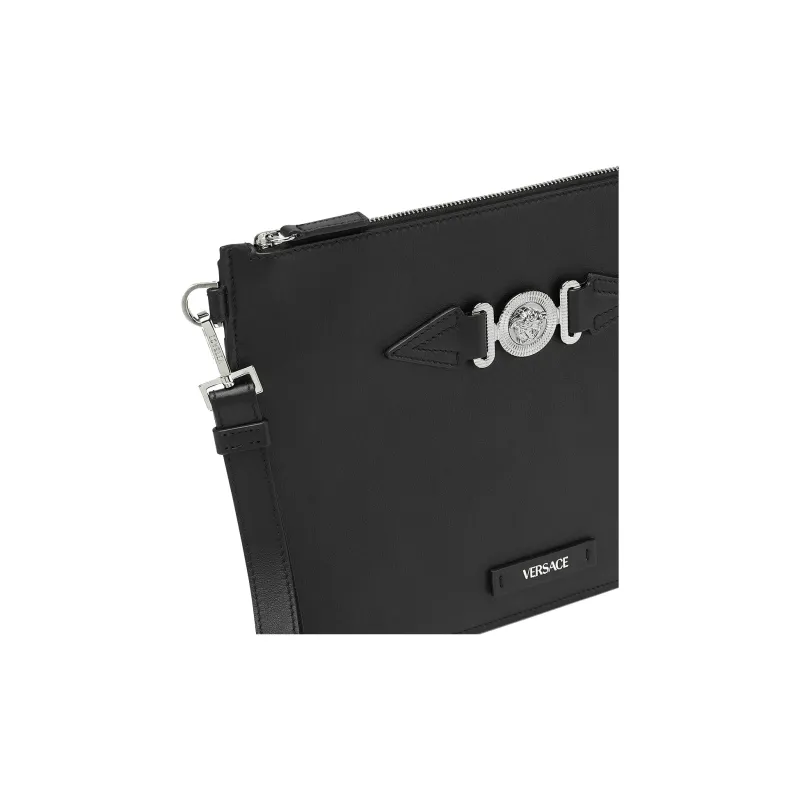 VERSACE MEDUSA BIGGIE Series Smooth Cow Leather Clutch Men's Black & Silver-4
