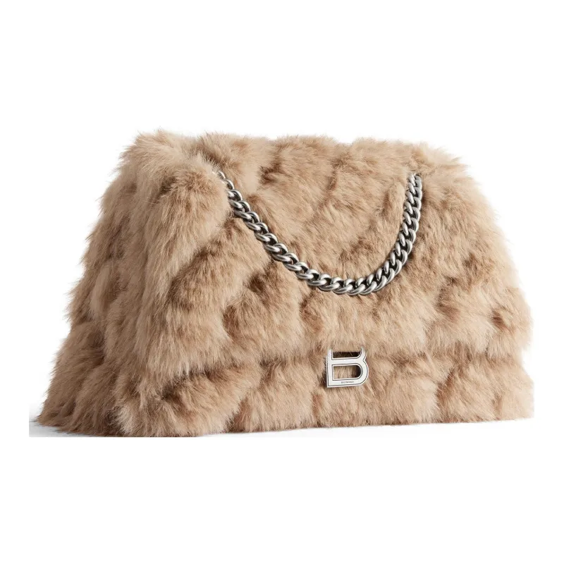 Balenciaga CRUSH Faux Fur Handbag Shoulder Bag Women's Beige-2