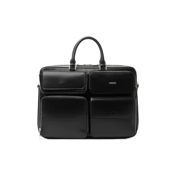 VERSACE Smooth Leather With Bonded Cow Leather One Shoulder Crossbody Portable Briefcase Laptop Bag Men's Black