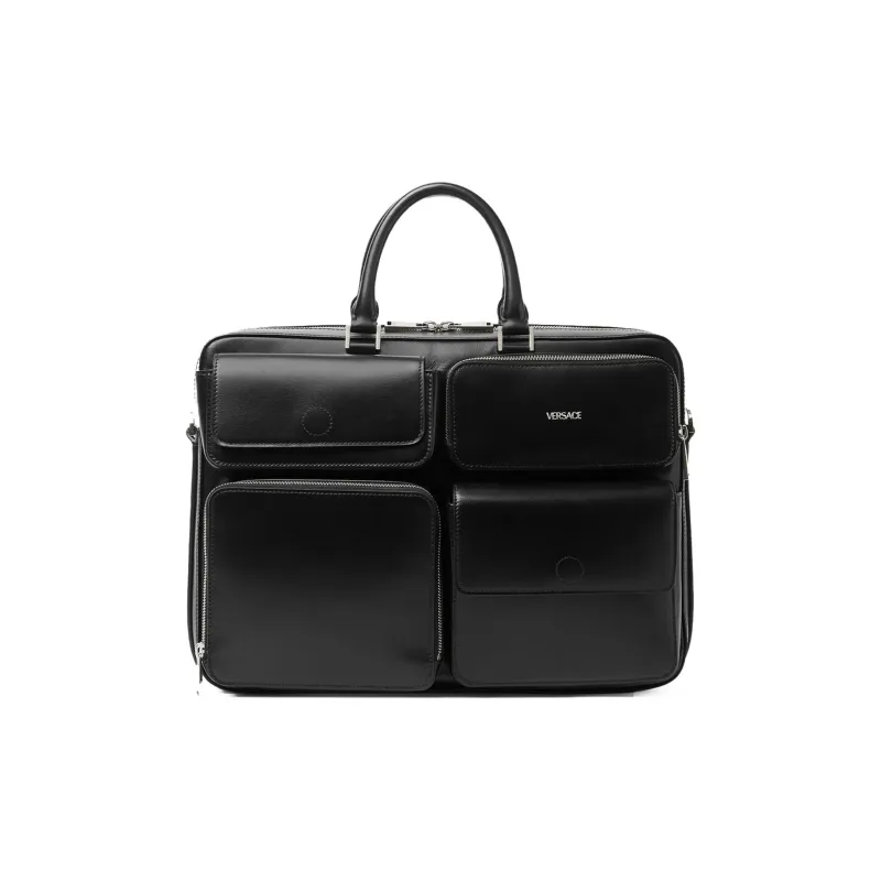 VERSACE Smooth Leather With Bonded Cow Leather One Shoulder Crossbody Portable Briefcase Laptop Bag Men's Black-0