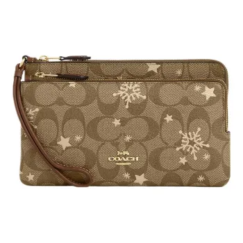 COACH Wallet Coated Canvas With Smooth Leather Wallet Trumpets Women's Khaki & Saddle
