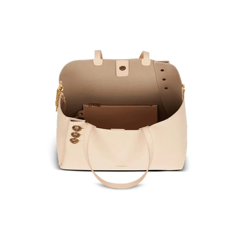 BALMAIN Calfskin Tote Bag, Shopping Bag, Handbag Women's Beige-5