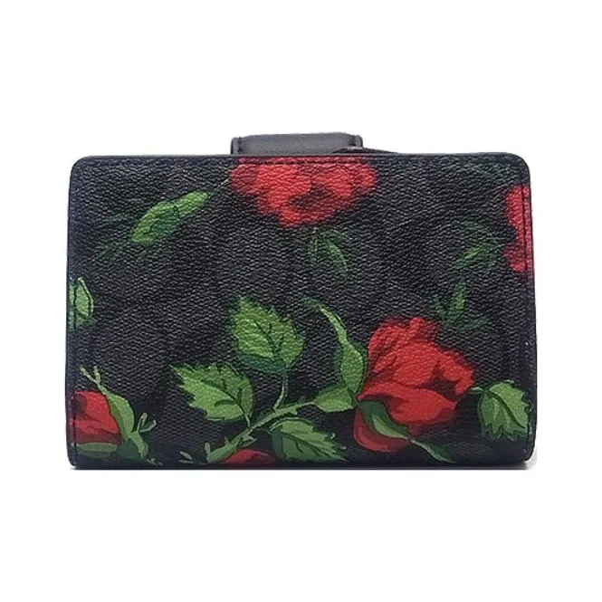COACH Corner Zip Coated Canvas With Smooth Leather Card Holder Wallet Medium Size Women's Black-2
