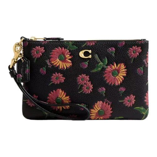 COACH Wristlet Polished Pebbled Leather Wrist Bags Clutches Small Size Women's Black