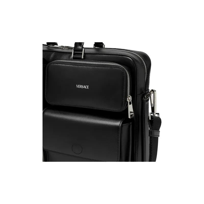 VERSACE Smooth Leather With Bonded Cow Leather One Shoulder Crossbody Portable Briefcase Laptop Bag Men's Black-4