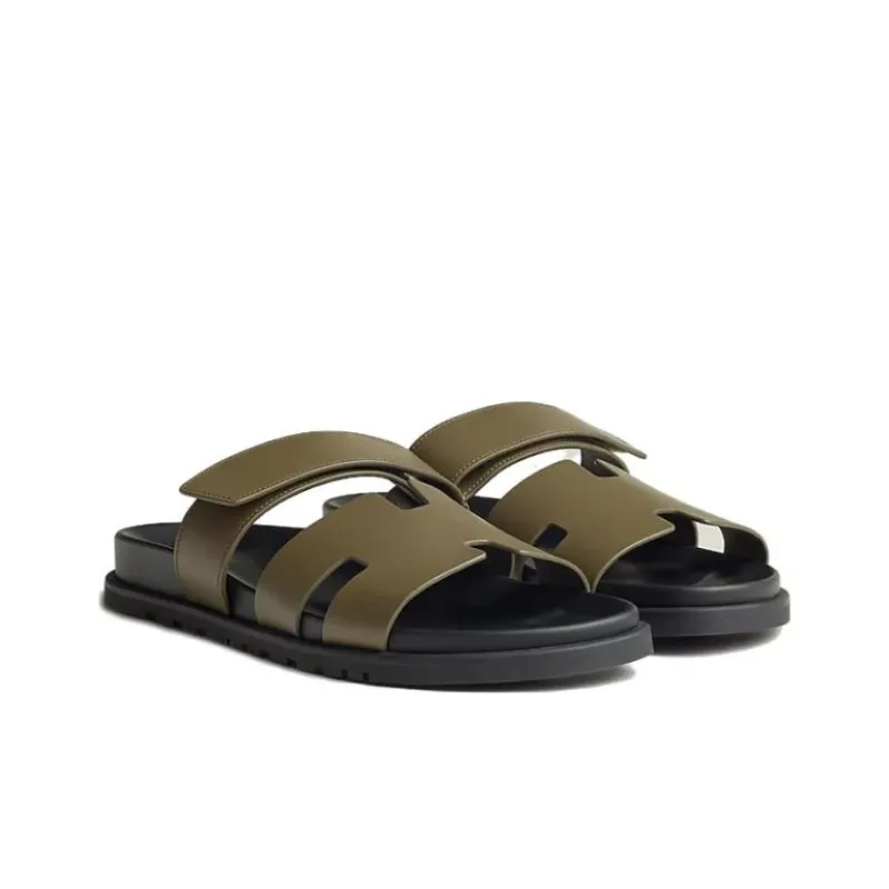 HERMES Chypre Rubber Sole Slide Slippers Men's Brown Green-1