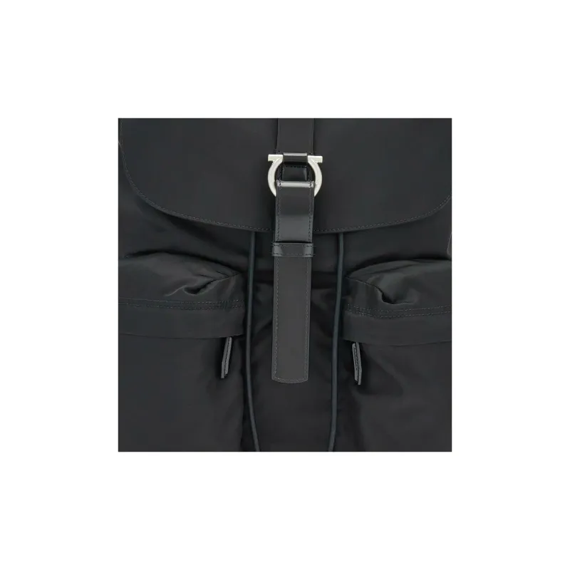 FERRAGAMO Nylon Textile With Cow Leather Inlay Backpack Men's Black-4