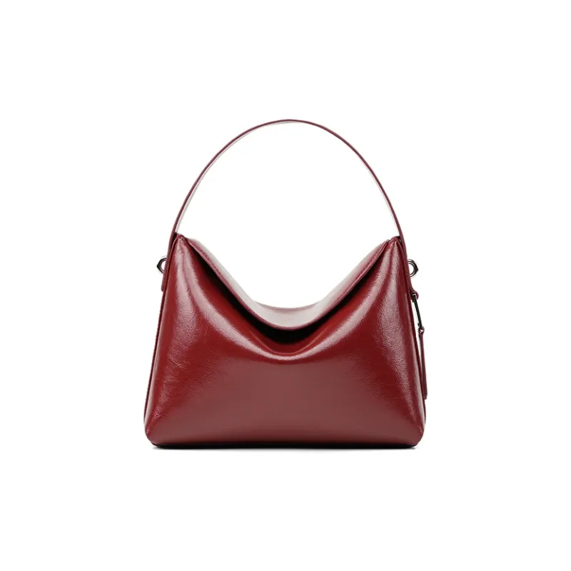 LA FESTIN Oil Wax Cow Leather Bucket Bag, One Shoulder Handbag Women's Knight Black/Raffia Red/Aurora Silver-3