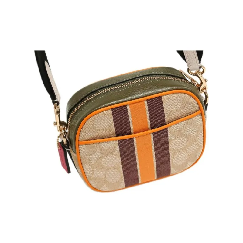 COACH Dempsey Canvas With Leather Camera Bag, Shoulder Bag, Crossbody Bag Mini Women's Light Brown Monogram & Red-4