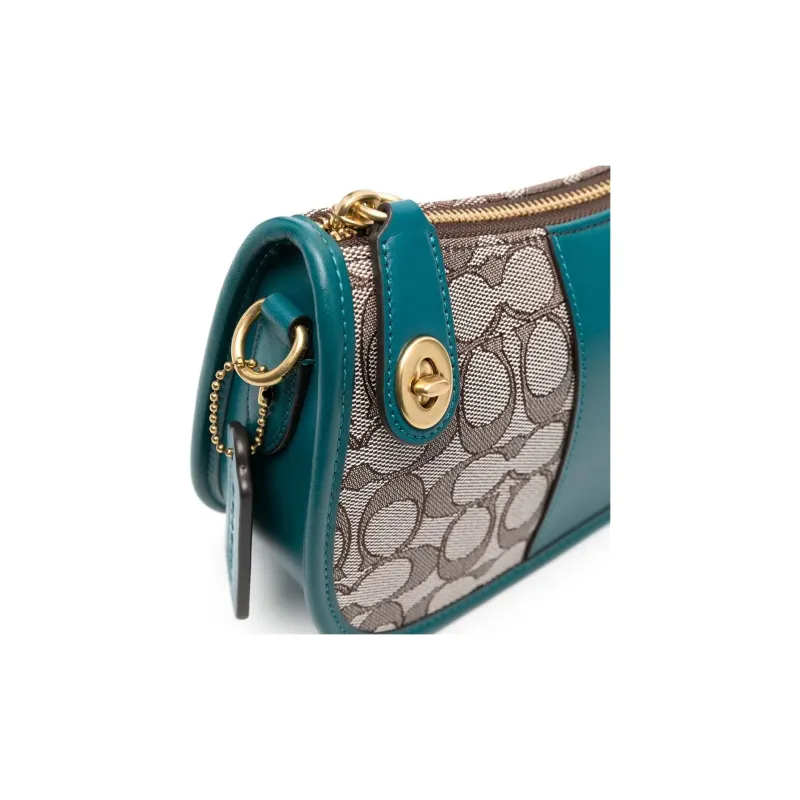 COACH Swinger Fabric With Leather Shoulder Bag Crossbody Bag Handbag Medium Size Women's Gray & Blue-4