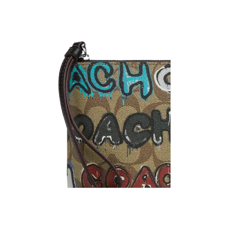 COACH Mint+Serf Corner Zip Collaboration Canvas With Leather Canvas Bag Wrist Bag Clutch Small Size Women's Khaki-3