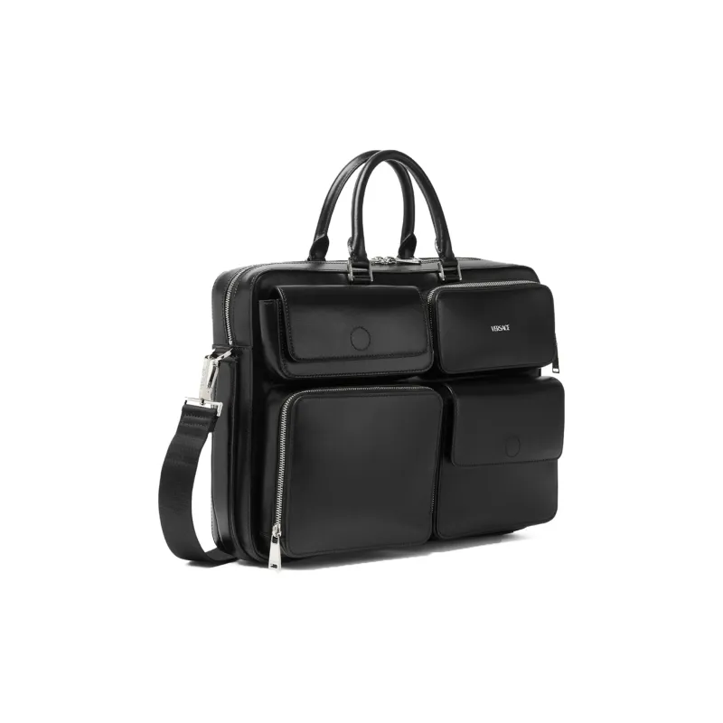VERSACE Smooth Leather With Bonded Cow Leather One Shoulder Crossbody Portable Briefcase Laptop Bag Men's Black-1