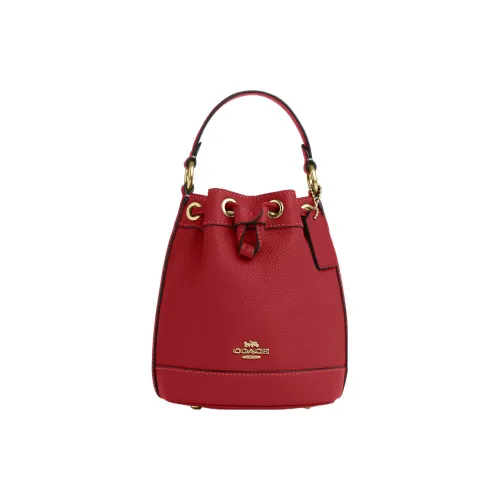 COACH Dempsey Pebbled Leather Bucket Bag Handbag Shoulder Bag Crossbody Bag Mini Women's Gold & Red