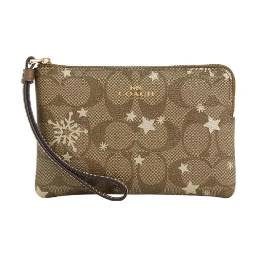 COACH Corner Zip Coated Canvas With Smooth Leather Wrist Bags Clutches Small Size Women's Khaki