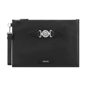 VERSACE MEDUSA BIGGIE Series Smooth Cow Leather Clutch Men's Black & Silver
