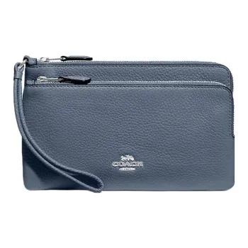 COACH Double Zip Wallet High-Quality Pebbled Leather Wrist Bags Clutches Small Size Women's Silver & Light Mist