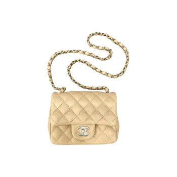 CHANEL Classic Flap CF Lambskin Shoulder Bag Crossbody Bag Mini Women's Beige With Milk Tea Brown Accents