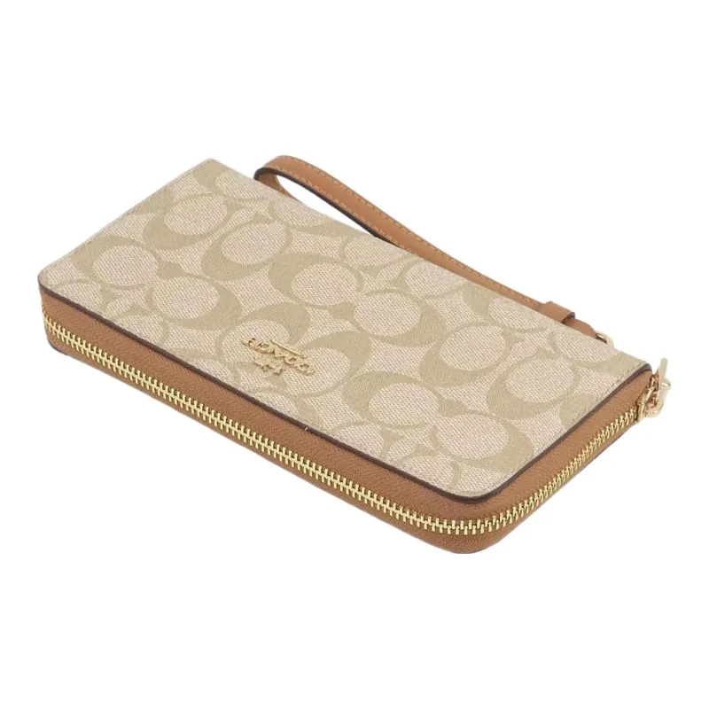 COACH Zip Around Canvas With Leather Clutch Wallet Trumpets Women's Khaki-3