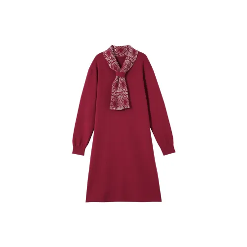 OUNIXUE Long-Sleeved Dresses Women's Dark Red