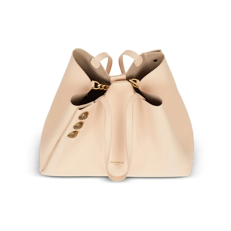BALMAIN Calfskin Tote Bag, Shopping Bag, Handbag Women's Beige-4