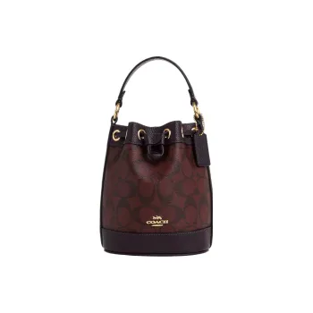 COACH Dempsey Eggstone Grain Leather Bucket Bags Shoulder Bag Crossbody Bag Handbag Mini Women's Gold & Deep Red