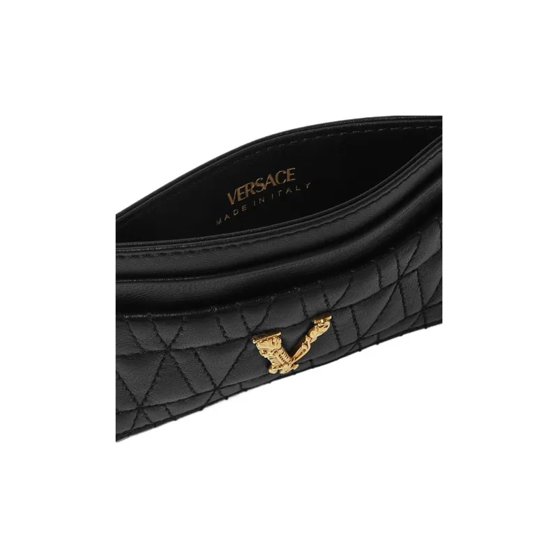 VERSACE Virtus Lambskin Card Holder Women's Black & Gold-3